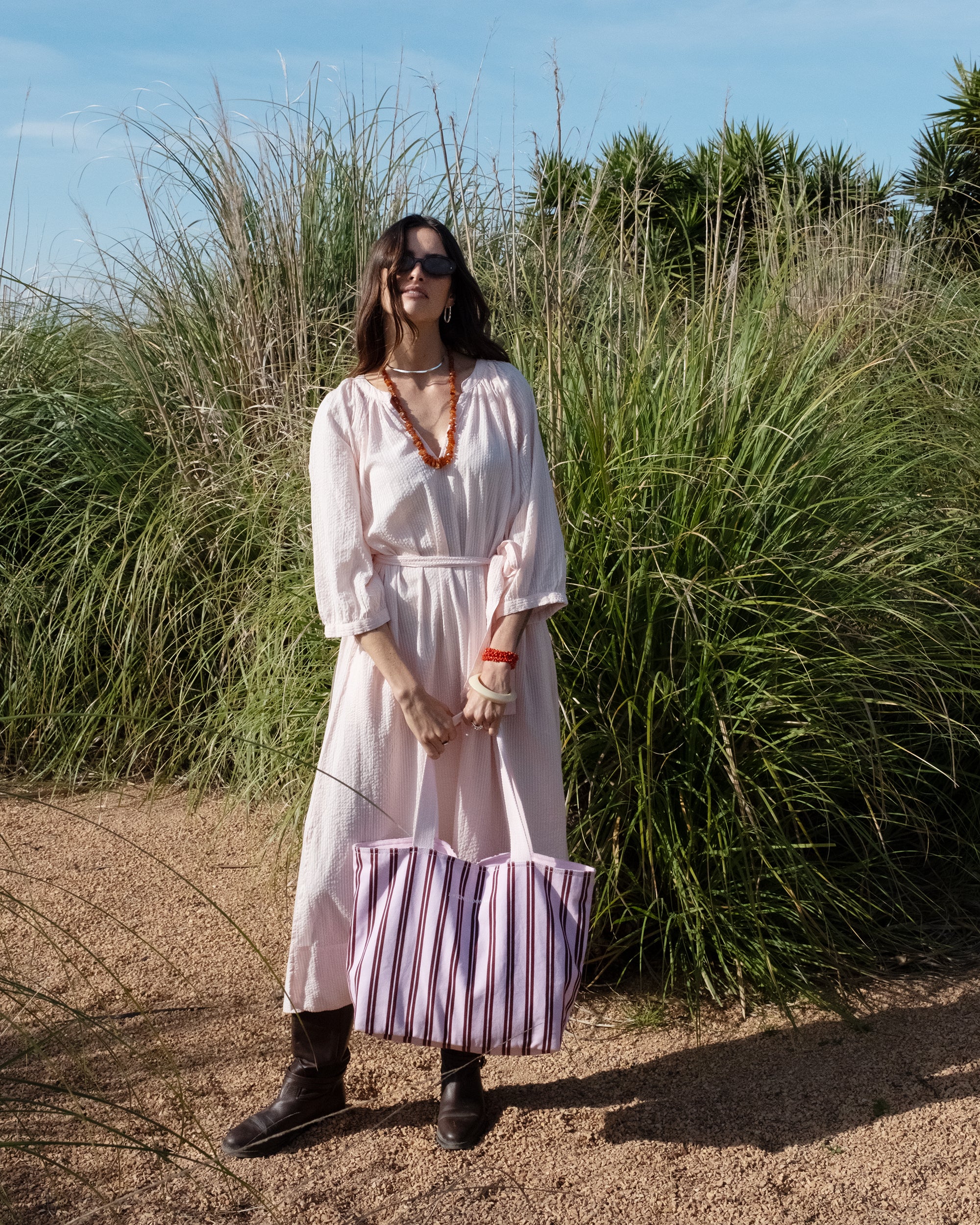 Luna Moon Medium Shoulder Bag - Sandra Stripes Shopper Light Pink